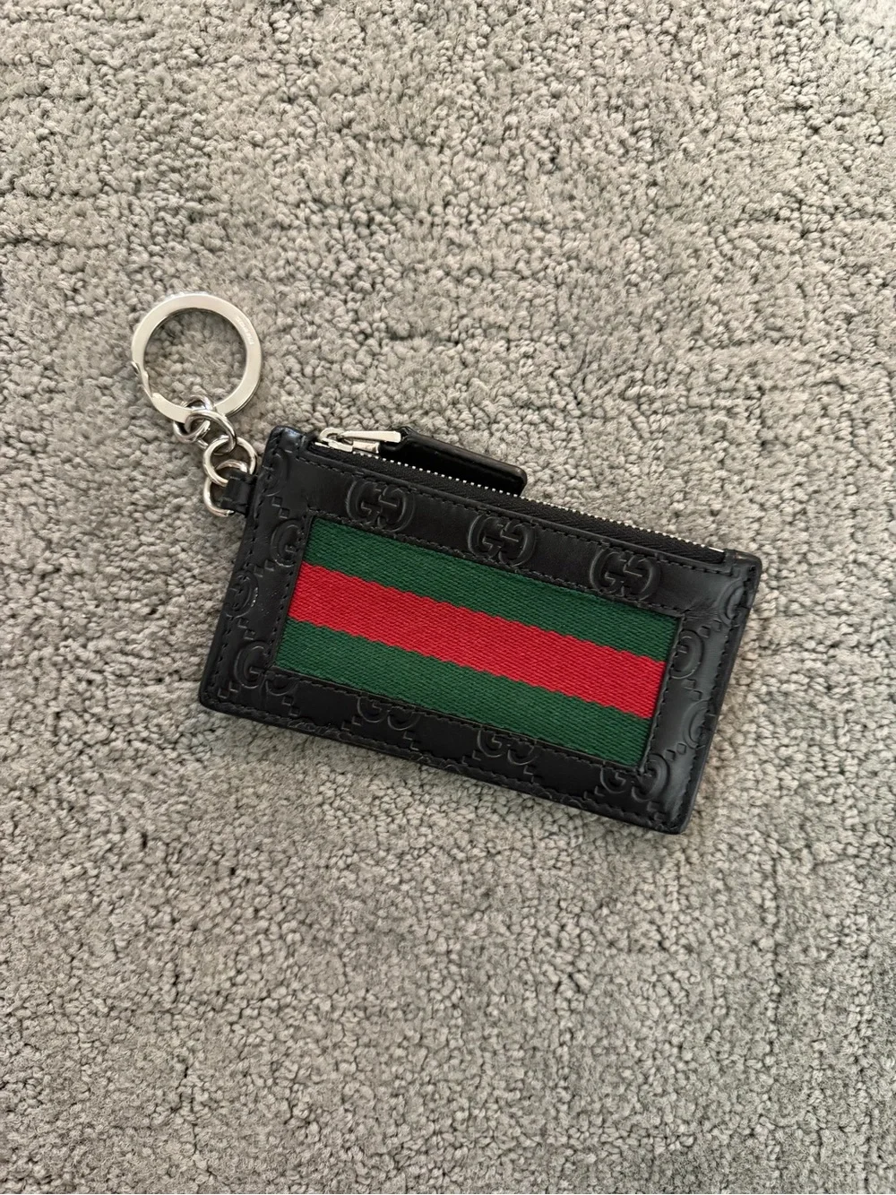 Gucci Black Embossed Leather Card Pouch with Green & Red Stripe